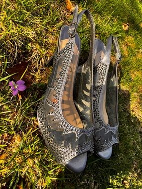 Sexy Rhinestone-Embellished Gunmetal Slingback Peep-Toe Heels.